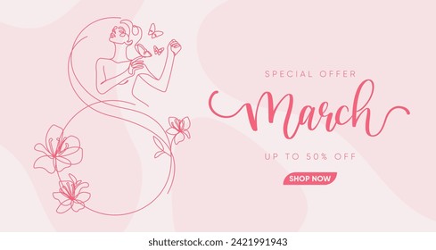 International Women's Day banner design. Minimal boho and line art composition. Vector illustration.