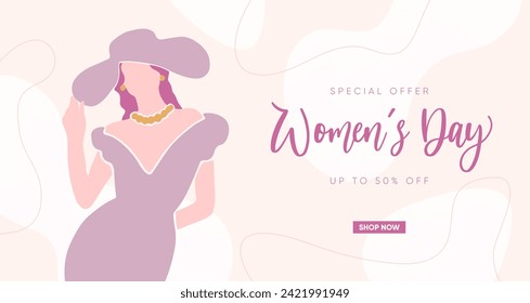 International Women's Day banner design. Minimal boho and line art composition. Vector illustration.