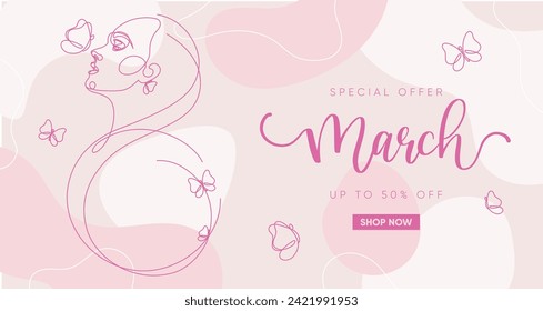 International Women's Day banner design. Minimal boho and line art composition. Vector illustration.