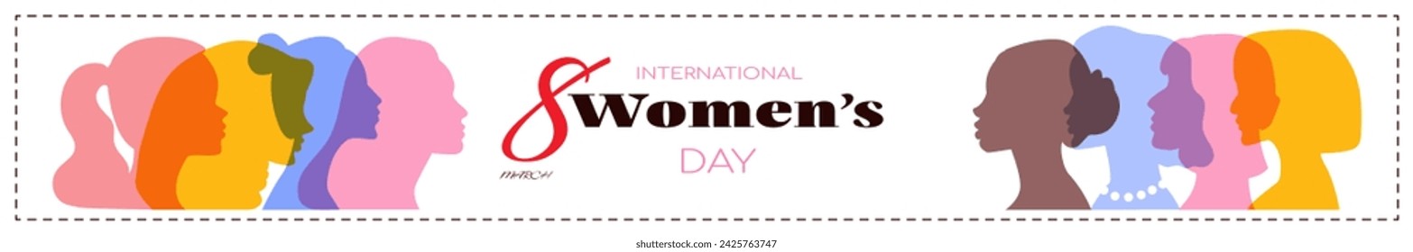 International Women's Day banner design with group of diverse female silhouettes. March 8, Happy womens day background. Flat vector illustration