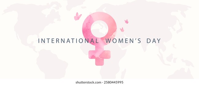 International Women's Day. Banner design with female gender symbol and flying butterflies. Background with world map silhouette. Watercolor texture on female sign. Vector illustration