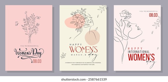 International Women's Day banner design. Minimal boho and line art composition. Vector illustration.