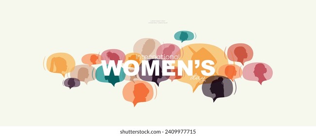 International Women's Day banner. Different women in chat bubbles.