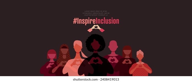 International Women's Day banner. Diverse women with heart-shaped hands stand together. #InspireInclusion 