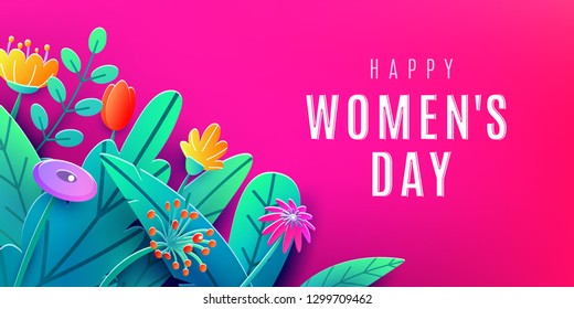 International Womens Day banner with fantasy paper cut flowers, leaves, font greeting text. Corner composition, origami design. Vector illustration.