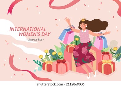 International Women's Day banner. Flat illustration of a smiling woman sitting on giftboxes and carrying shopping bags with both arms as holiday sale especially for female