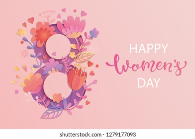 International Women's Day. Banner, flyer for March 8 decorating by paper flowers and hand drawn lettering. Congratulating and wishing happy holiday card for newsletter, brochures, postcards. Vector. - Shutterstock ID 1279177093