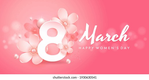 International Women's Day. Banner, flyer for March 8 decorating by paper flowers and hand drawn lettering. Congratulating and wishing happy holiday card for newsletter, brochures, postcards. Vector.
