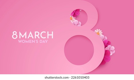 International Women's Day Banner. Flyer for March 8 with flowers decor. Number 8. Invitation in paper cut style with spring plants, leaves and flowers - Shutterstock ID 2261010403