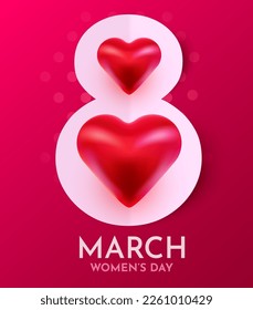 International Women's Day Banner. Flyer for March 8 with decor. Number 8. Invitation with hearts. Vector illustration