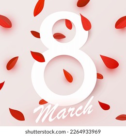 International Women's Day Banner. Flyer for March 8 with petals decor. Number 8. Invitation in paper cut style with petals. Vector illustration