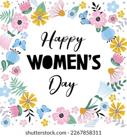 International Women's Day. Banner, flyer for March 8 decoration with paper flowers and hand-drawn inscription. 