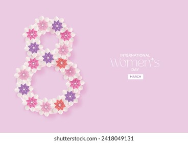  Cartel, volante y postal del Día Internacional de la Mujer. El número ocho fue diseñado con flores en un lienzo rosa para una elegante celebración del 8 de marzo