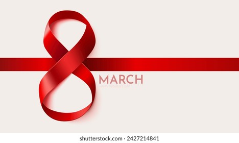 International Women's Day Banner. Flyer for March 8 with red ribbon decor. Number 8. Vector illustration