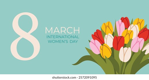 International Women's Day banner. Flyer for March 8 with tulip decor. Number 8. Invitation with spring plants, leaves, and flowers. Elegant and minimalistic design on a pastel blue background.