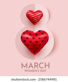 International Women's Day Banner. Flyer for March 8 with decor. Number 8. Invitation with hearts. Vector illustration