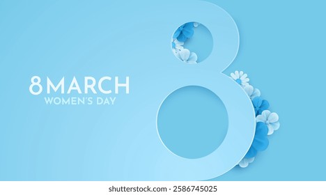 International Women's Day Banner. Flyer for March 8 with flowers decor. Number 8. Invitation in paper cut style with spring plants, leaves and flowers. Vector illustration