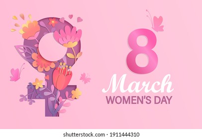 International Women's Day banner, flyer.Card for March 8 decorating by paper flowers in papercut female symbol. Congratulating card for newsletter, brochures,postcards.Vector illustration.