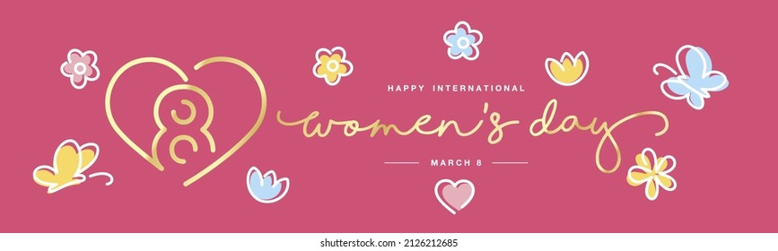 International Women's Day banner greeting card flyer for March 8 with handwritten calligraphy heart flower butterfly silhouette pink vector illustration