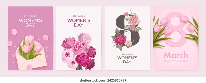 Plantilla de diseño de banner o tarjeta de felicitación del Día Internacional de la Mujer con flores dibujadas a mano y realistas. Fondo elegante festivo. Ilustración de vector