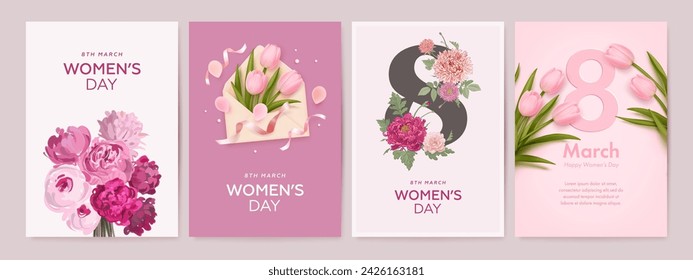 Plantilla de diseño de banner o tarjeta de felicitación del Día Internacional de la Mujer con flores dibujadas a mano y realistas. Fondo elegante festivo. Ilustración de vector