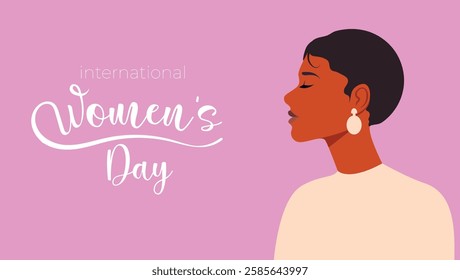 International Women's Day banner or greeting card with womens face and nature. Greeting card for 8 March. For brochures, postcards, tickets, banners