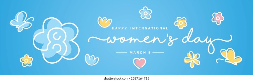 International Women's Day banner greeting card flyer for March 8 with handwritten calligraphy colorful flower butterfly silhouette vector illustration on sky blue background