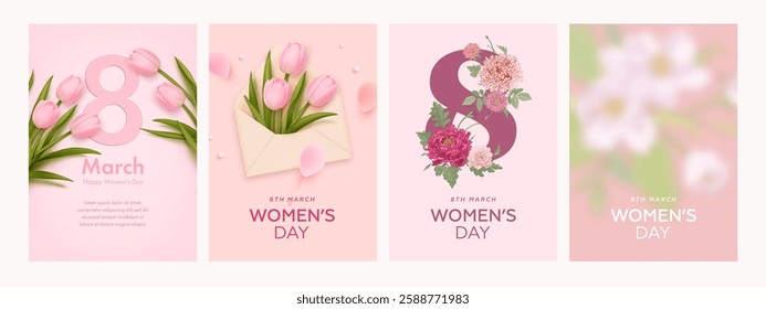 International women's day banner or greeting card design template set with hand drawn and realistic flowers. Festive elegant background. Vector illustration