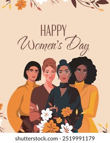 International Women's Day banner. Happy Women's Day. Women of different cultures and skin colors stand together surrounded by flowers. Movements for gender equality and women's empowerment.