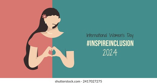 International Women's Day banner of Inspire Inclusion 2024. Person fold hands with heart for IWD. Minimalist illustration with InspireInclusion slogan and girl identify as he she they.