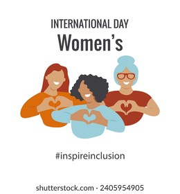 International Women's Day banner. #InspireInclusion.Inspire inclusion social campaign.Smiling women . Heart shaped hand gesture.Vector illustration	