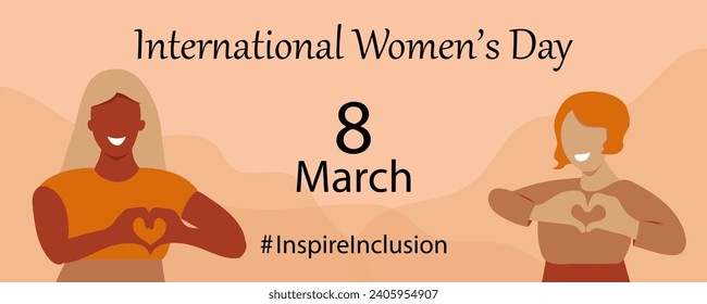 International Women's Day banner. #InspireInclusion.Inspire inclusion social campaign.Smiling women . Heart shaped hand gesture.Vector illustration	