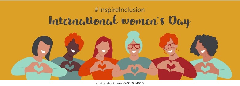 International Women's Day banner. #InspireInclusion.Inspire inclusion social campaign.Smiling women . Heart shaped hand gesture.Vector illustration	