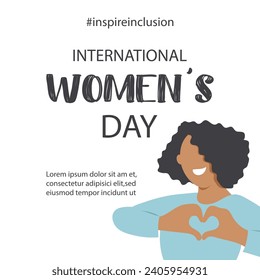 International Women's Day banner. #InspireInclusion.Inspire inclusion social campaign.Smiling women . Heart shaped hand gesture.Vector illustration	