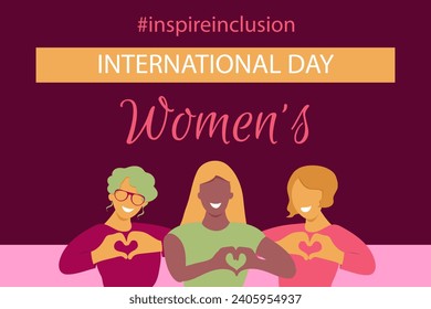 International Women's Day banner. #InspireInclusion.Inspire inclusion social campaign.Smiling women . Heart shaped hand gesture.Vector illustration	
