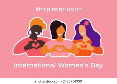 International Women's Day banner. #InspireInclusion.Inspire inclusion social campaign.Smiling women . Heart shaped hand gesture.Vector illustration	