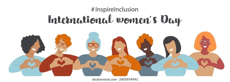 International Women's Day banner. #InspireInclusion.Inspire inclusion social campaign.Smiling women . Heart shaped hand gesture.Vector illustration	