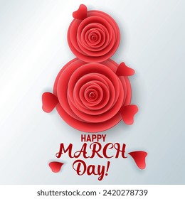 International Women's Day. Banner for March 8 decorating by paper flowers and petals hearts. Congratulating holiday card for newsletter, brochures, postcards. Vector illustration. Paper cut style