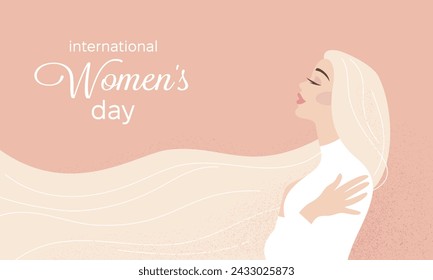 International Womens Day banner, March 8. A beautiful girl hugs herself. Self-love. Inscription. Vector flat illustration