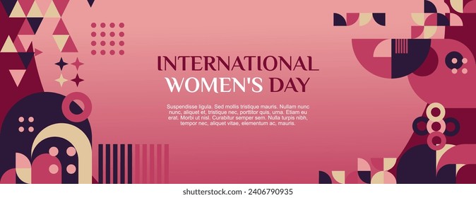 International Women's Day banner. Modern geometric abstract background in colorful style for women day. Happy women's day greeting card cover with text. Happy world women's day for awareness.