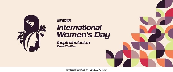 Cartel del Día Internacional de la Mujer. Fondo geométrico moderno en un colorido estilo para el día de la mujer. Feliz portada de la tarjeta de saludo del día de la mujer con texto. Feliz Día Mundial de la Mujer 2024 para Inspire Inclusion