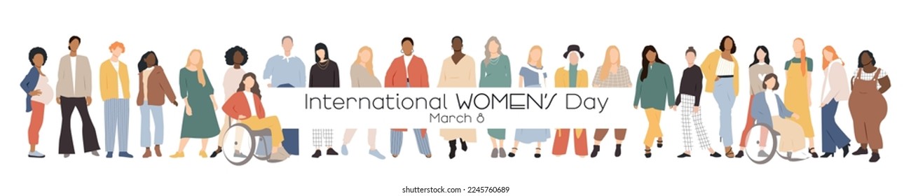 International Women's Day banner. Multicultural group of women together.