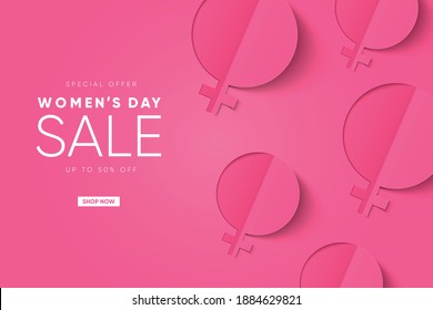 International Women's day banner. Paper style background. 