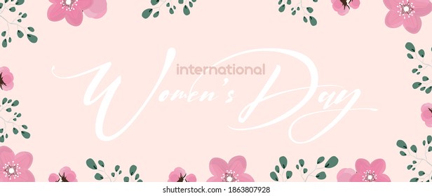 International womens day banner. Pink banner with flowers on the theme of women's day. Ready banner. Vector.