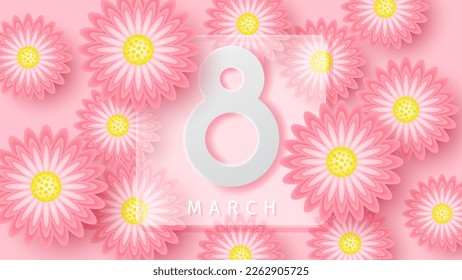 International women's day banner. Pink daisy flowers and white digit