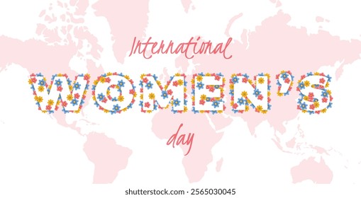 International Womens day banner. Pink, yellow, blue flowers with text.  Holiday concept. 8 march greeting card design. Flat vector illustration