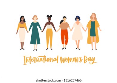 International Women's Day banner, placard or greeting card template with smiling young girls or feminists holding hands and standing together. Flat vector illustration for 8 march celebration.