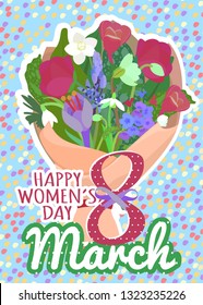 International Women's Day banner, placard or greeting card template with a bouquet of flowers. Spring flowers