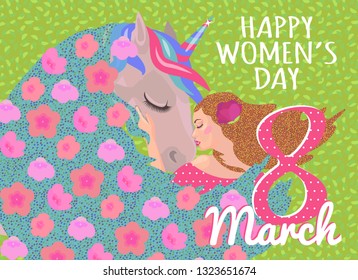 International Women's Day banner, placard or greeting card template with  young girls and unicorn. Girl hugs a unicorn. Spring flowers in hair