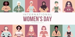International Women's Day Banner, Poster. Inspire Inclusion Campaign. Group Of Women In Different Ethnicity, Age, Body Type, Abilities, Hair Color And More. Vector Illustration In Flat Style.
